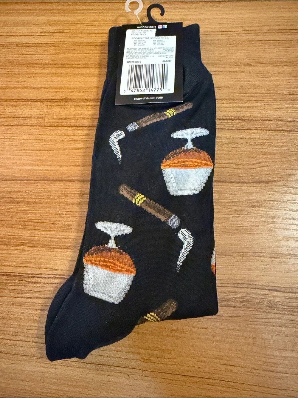 New W/Tags Hot Sox Men's Black Cognac & Cigars Novelty Crew Sock 10-13